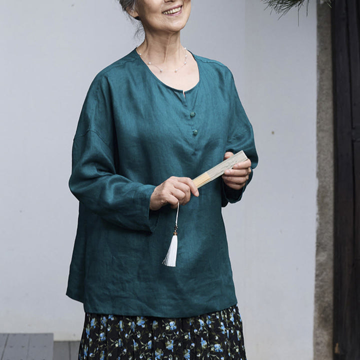 Chemise à manches longues en lin uni avec Buddha Stones pour femme, pour personnes âgées - image 7