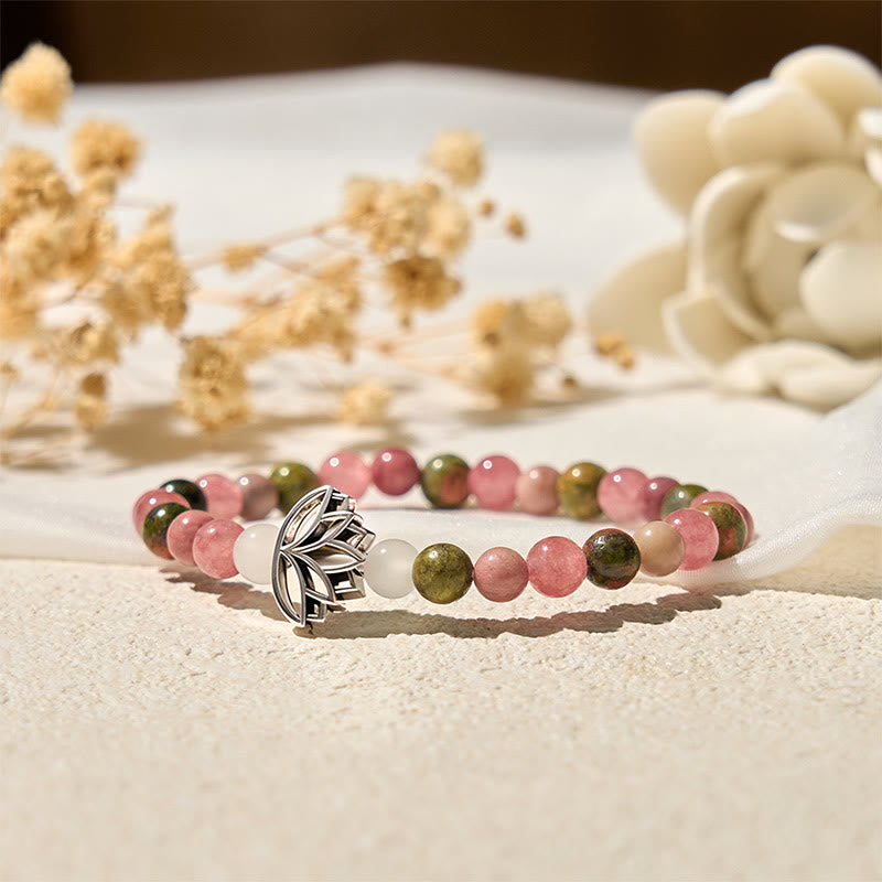 Bracelet de guérison Lotus en Buddha Stones de rhodonite et d'unakite - image 4