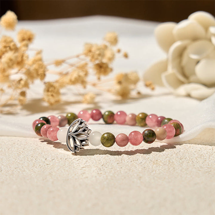 Bracelet de guérison Lotus en Buddha Stones de rhodonite et d'unakite - image 4