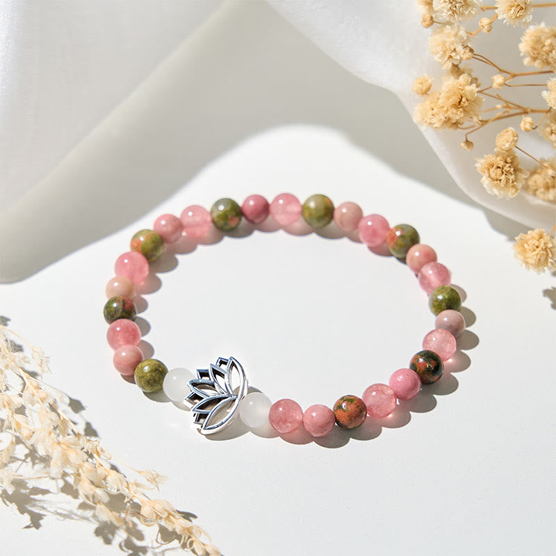 Bracelet de guérison Lotus en Buddha Stones de rhodonite et d'unakite - Rhodonite et Unakite (circonférence du poignet : 15-17 cm) - image 0