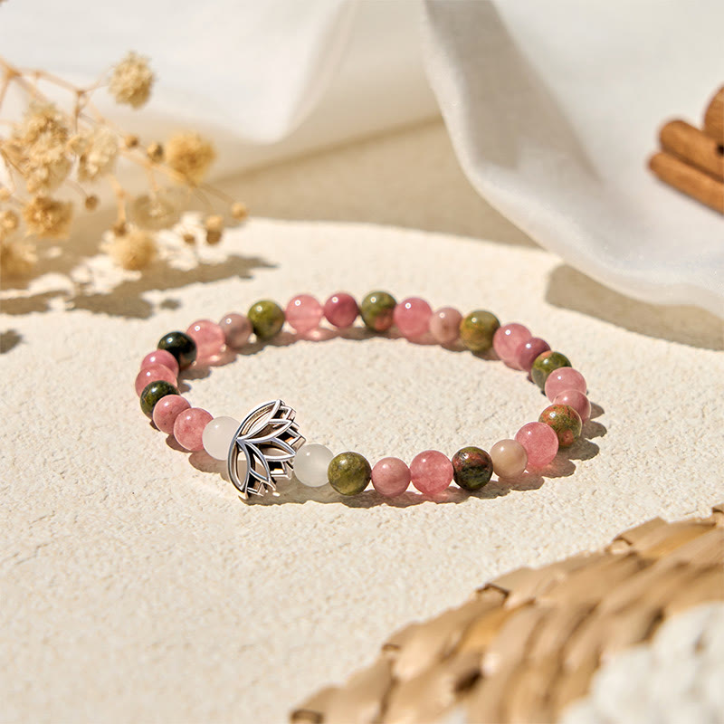Bracelet de guérison Lotus en Buddha Stones de rhodonite et d'unakite - image 1
