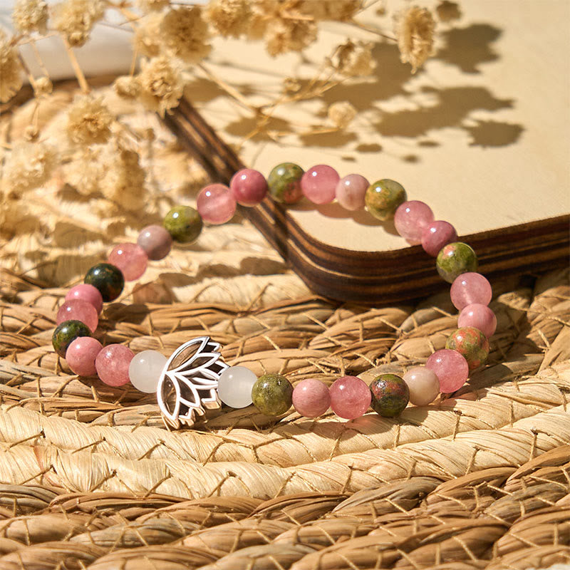 Bracelet de guérison Lotus en Buddha Stones de rhodonite et d'unakite - image 2