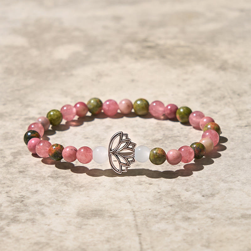 Bracelet de guérison Lotus en Buddha Stones de rhodonite et d'unakite - image 3