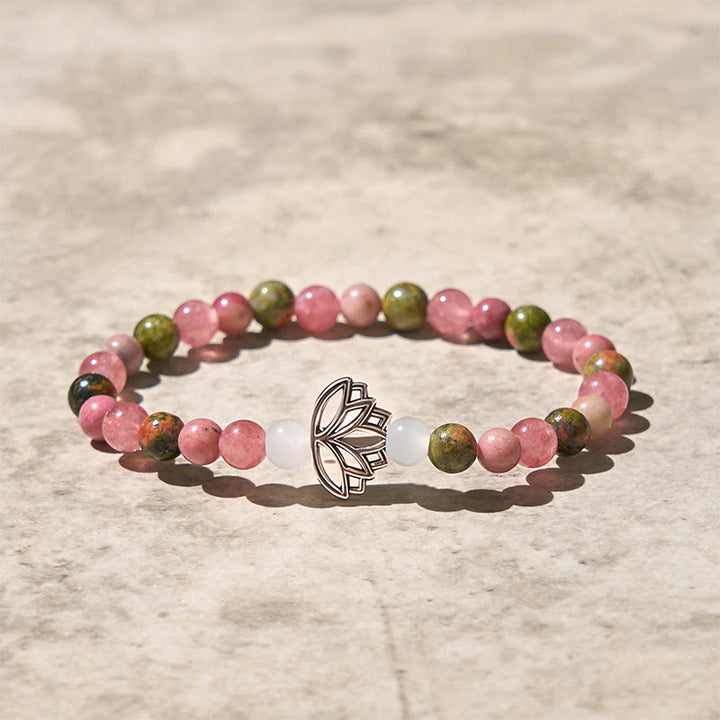 Bracelet de guérison Lotus en Buddha Stones de rhodonite et d'unakite - image 3