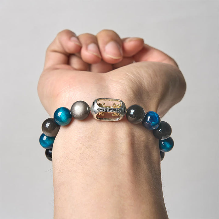 Bracelet apaisant Om Mani Padme Hum en obsidienne bleue et œil de tigre naturel et argent Buddha Stones - image 2