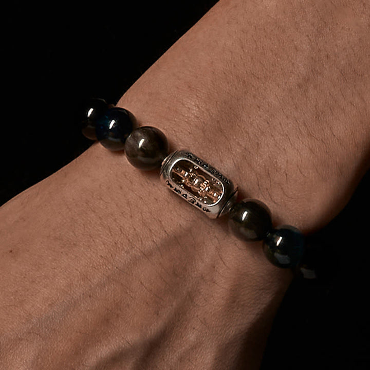Bracelet apaisant Om Mani Padme Hum en obsidienne bleue et œil de tigre naturel et argent Buddha Stones - image 3