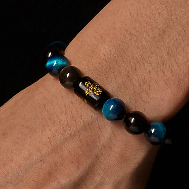Bracelet de protection des cinq éléments en Buddha Stones argentée et brillante, œil de tigre bleu et onyx noir - image 2