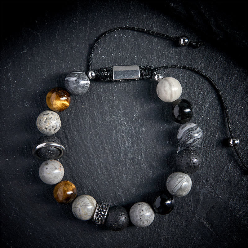 Bracelet de guérison en pierre de lave et jaspe gris de Buddha Stones , obsidienne argentée et œil de tigre - image 1