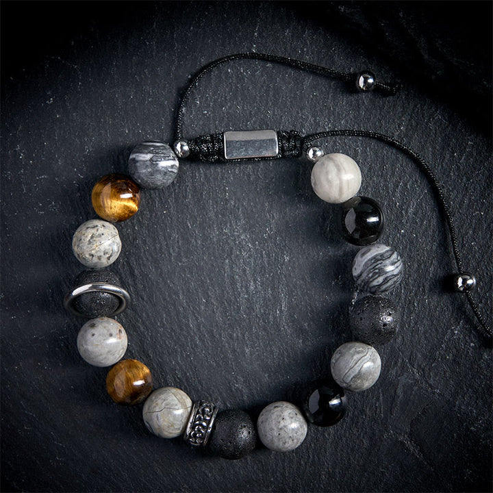 Bracelet de guérison en pierre de lave et jaspe gris de Buddha Stones , obsidienne argentée et œil de tigre - image 1
