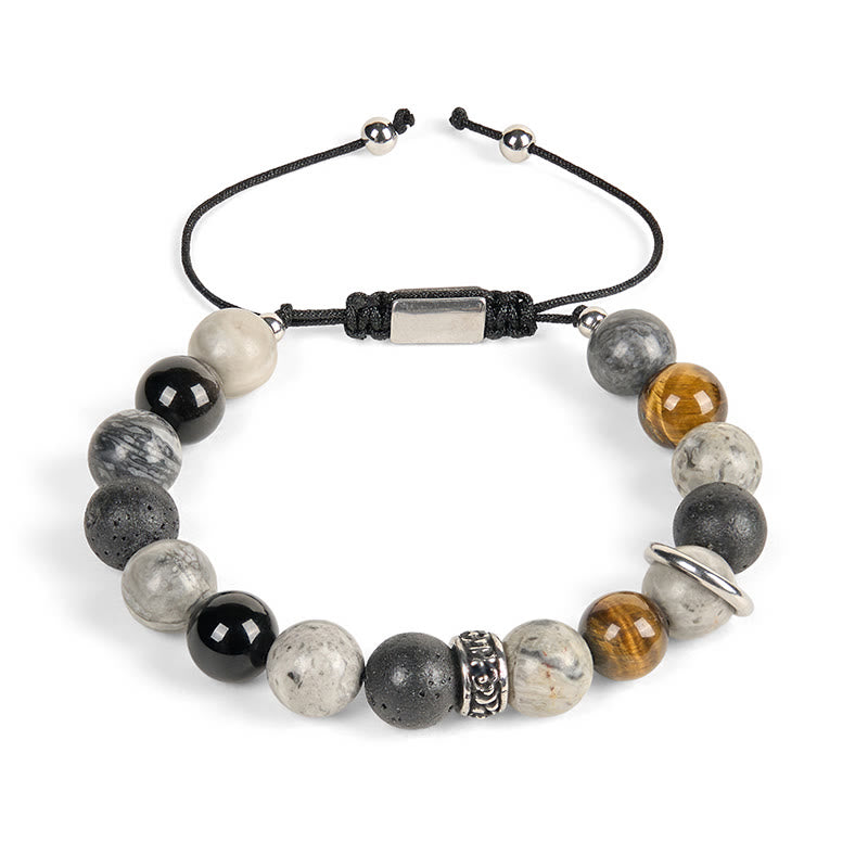 Bracelet de guérison en pierre de lave et jaspe gris de Buddha Stones , obsidienne argentée et œil de tigre - image 4