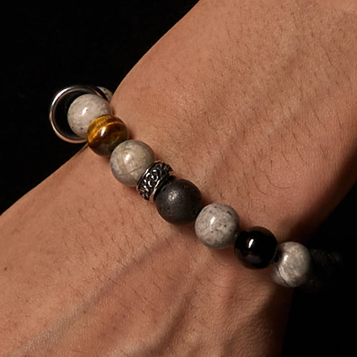Bracelet de guérison en pierre de lave et jaspe gris de Buddha Stones , obsidienne argentée et œil de tigre - image 2