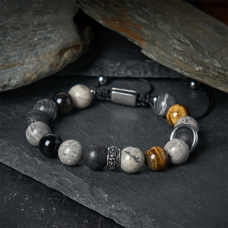 Bracelet de guérison en pierre de lave et jaspe gris de Buddha Stones , obsidienne argentée et œil de tigre - Jaspe gris (tour de poignet : 15-17 cm) - image 0