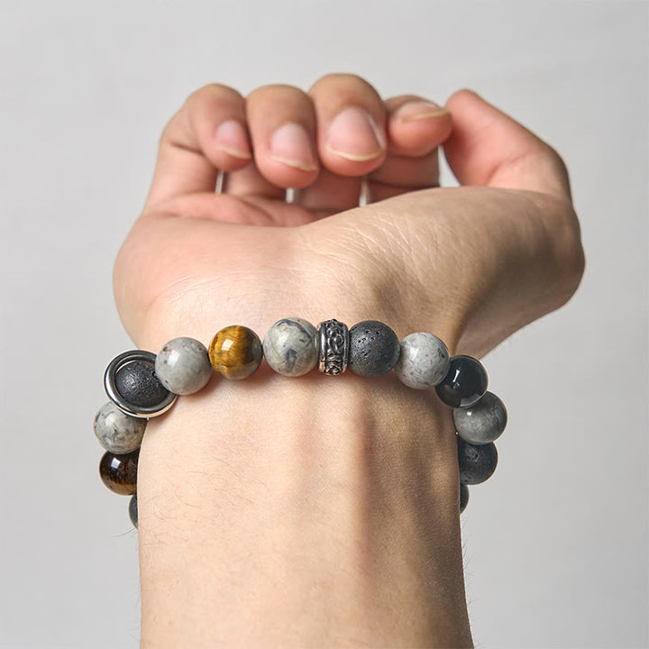 Bracelet de guérison en pierre de lave et jaspe gris de Buddha Stones , obsidienne argentée et œil de tigre - image 3