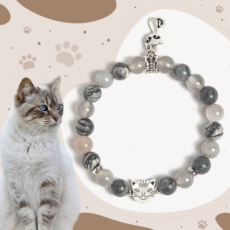 Bracelet de guérison en perles d'agate et de jaspe gris naturel avec Buddha Stones et chat de Birmanie - Chat Birman (tour de poignet : 15-16 cm) - image 0