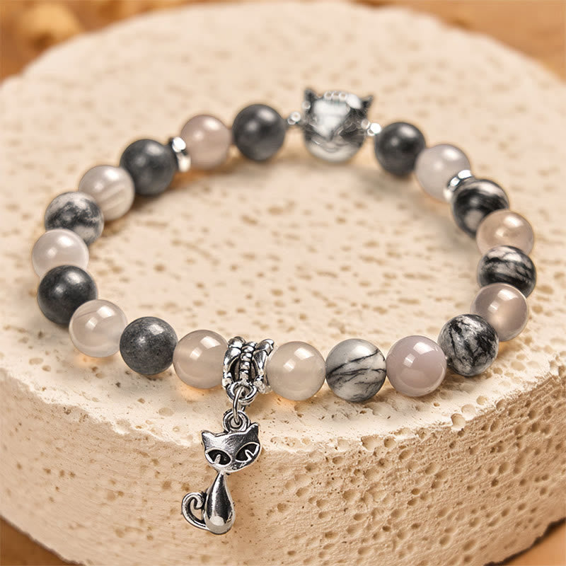 Bracelet de guérison en perles d'agate et de jaspe gris naturel avec Buddha Stones et chat de Birmanie - image 2