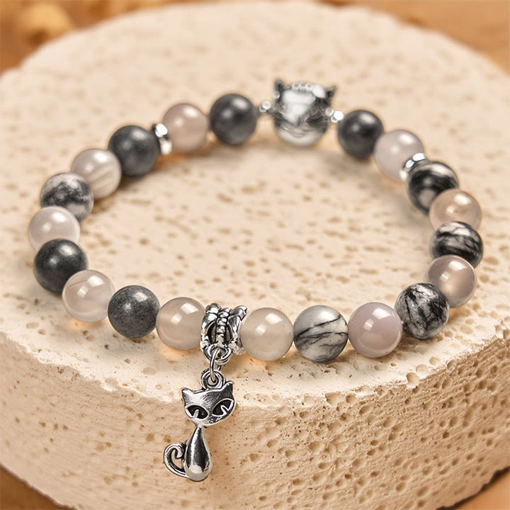 Bracelet de guérison en perles d'agate et de jaspe gris naturel avec Buddha Stones et chat de Birmanie - image 2
