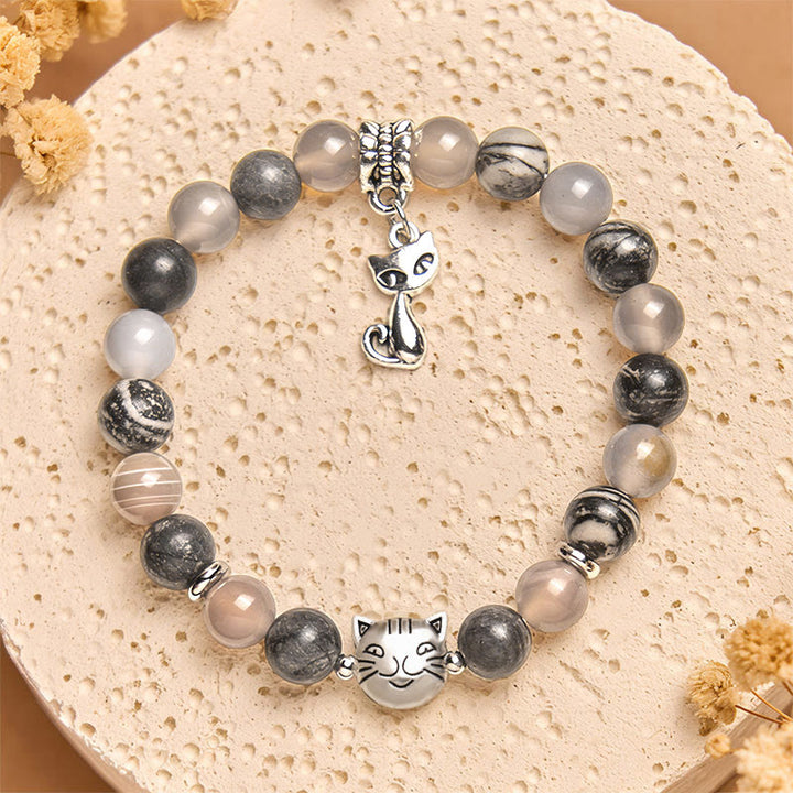 Bracelet de guérison en perles d'agate et de jaspe gris naturel avec Buddha Stones et chat de Birmanie - image 1