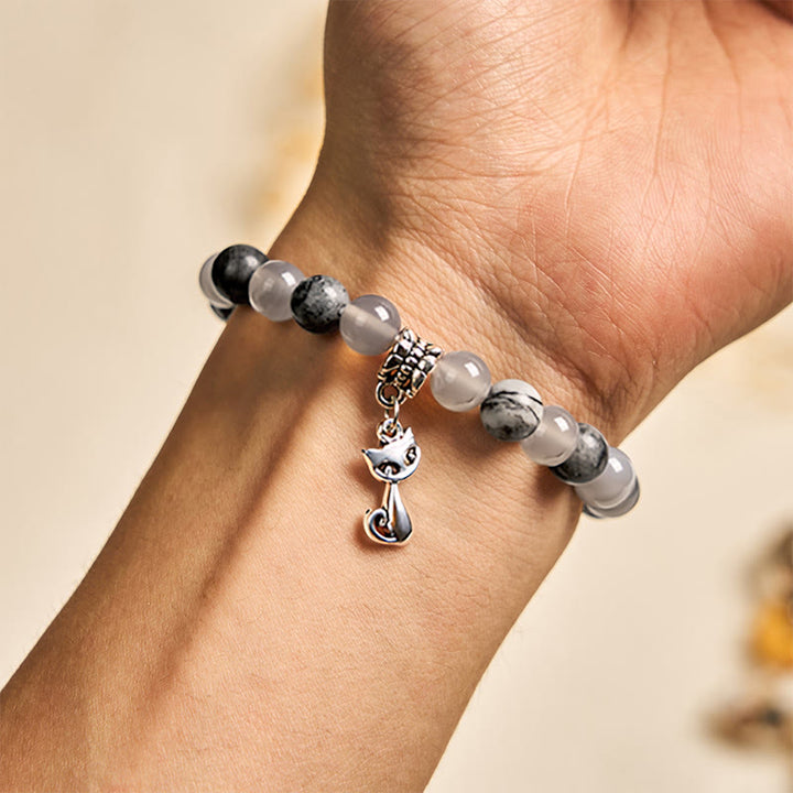 Bracelet de guérison en perles d'agate et de jaspe gris naturel avec Buddha Stones et chat de Birmanie - image 3