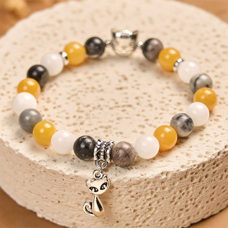 Bracelet de guérison en Buddha Stones de calcédoine et de jaspe gris naturel en forme de chat Calico - image 2