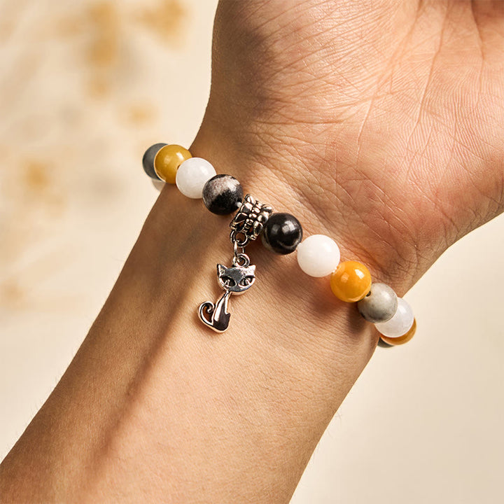 Bracelet de guérison en Buddha Stones de calcédoine et de jaspe gris naturel en forme de chat Calico - image 3