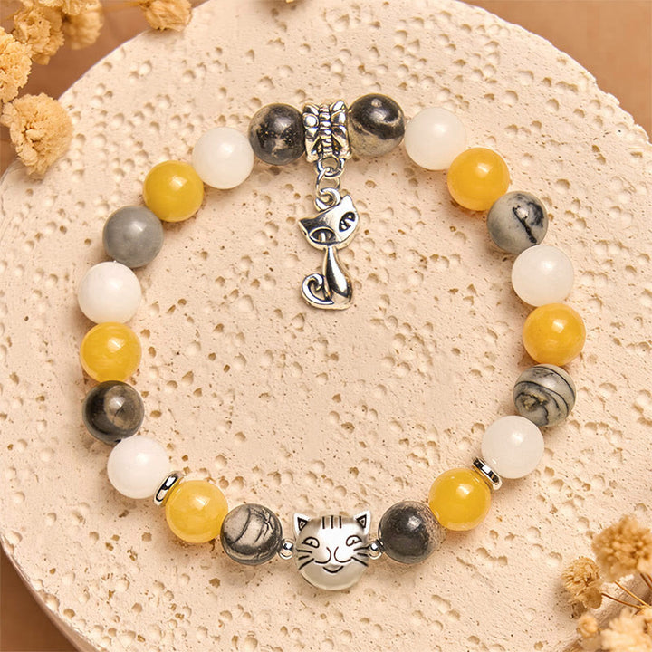 Bracelet de guérison en Buddha Stones de calcédoine et de jaspe gris naturel en forme de chat Calico - image 4