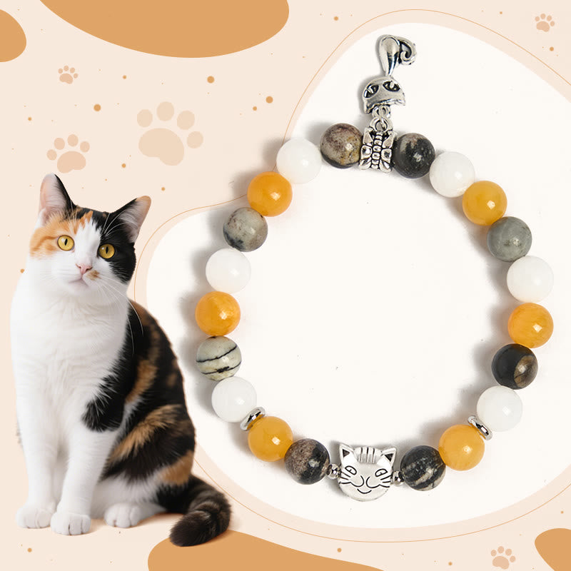 Bracelet de guérison en Buddha Stones de calcédoine et de jaspe gris naturel en forme de chat Calico - Chat Calico (tour du poignet : 15-16 cm) - image 0