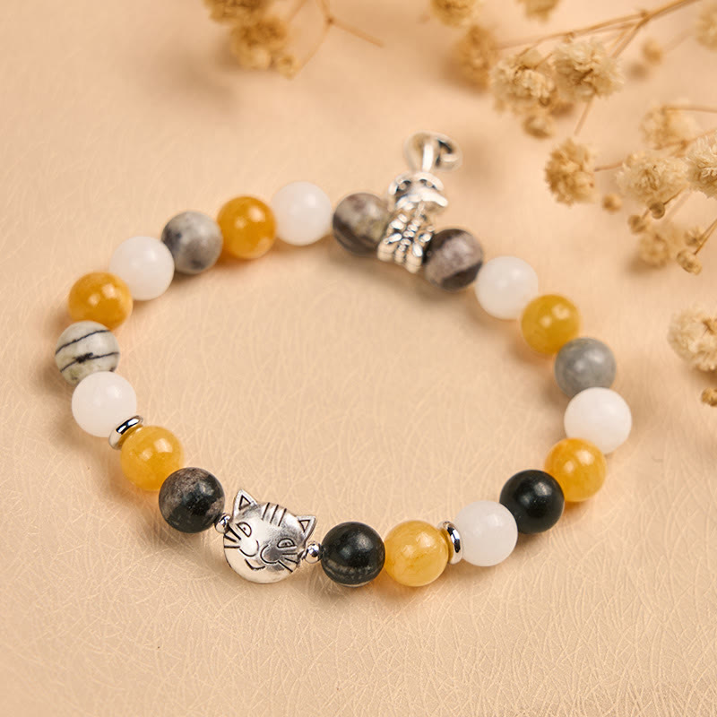 Bracelet de guérison en Buddha Stones de calcédoine et de jaspe gris naturel en forme de chat Calico - image 1