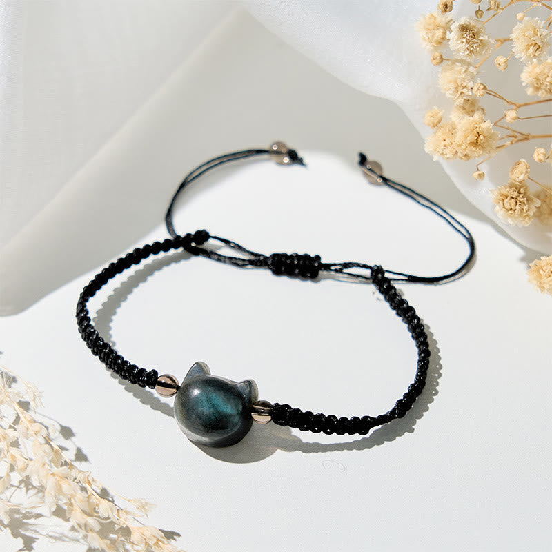 Bracelet de guérison en corde noire avec tête de chat mignon et labradorite naturelle de Buddha Stones - image 3