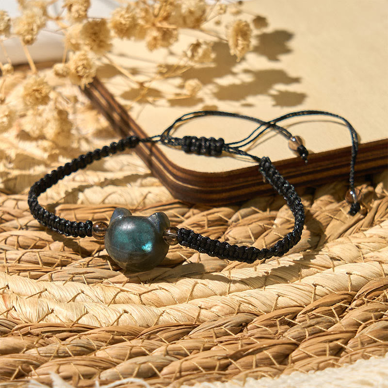 Bracelet de guérison en corde noire avec tête de chat mignon et labradorite naturelle de Buddha Stones - image 4