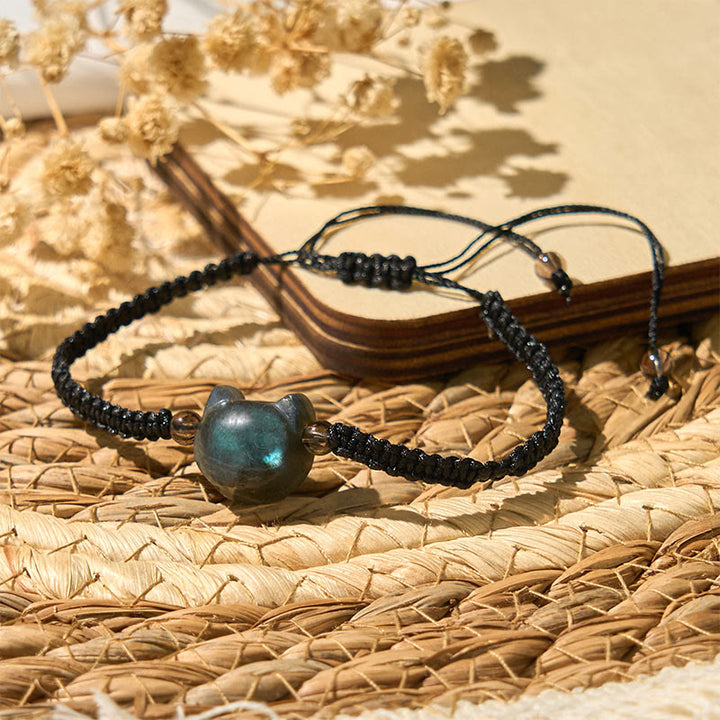 Bracelet de guérison en corde noire avec tête de chat mignon et labradorite naturelle de Buddha Stones - image 4