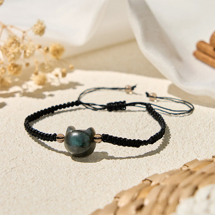 Bracelet de guérison en corde noire avec tête de chat mignon et labradorite naturelle de Buddha Stones - image 1