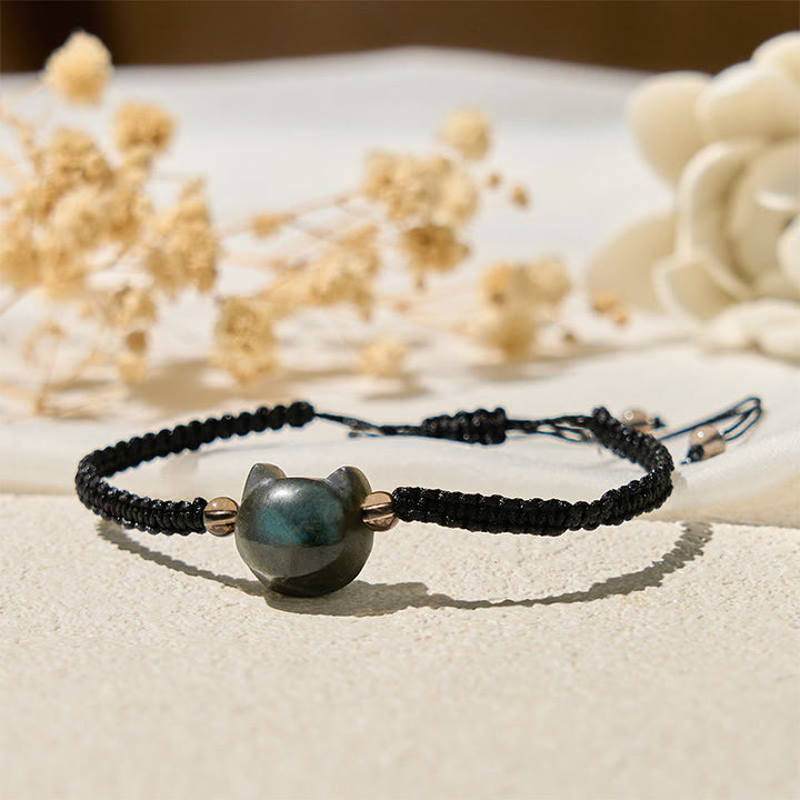 Bracelet de guérison en corde noire avec tête de chat mignon et labradorite naturelle de Buddha Stones - image 2