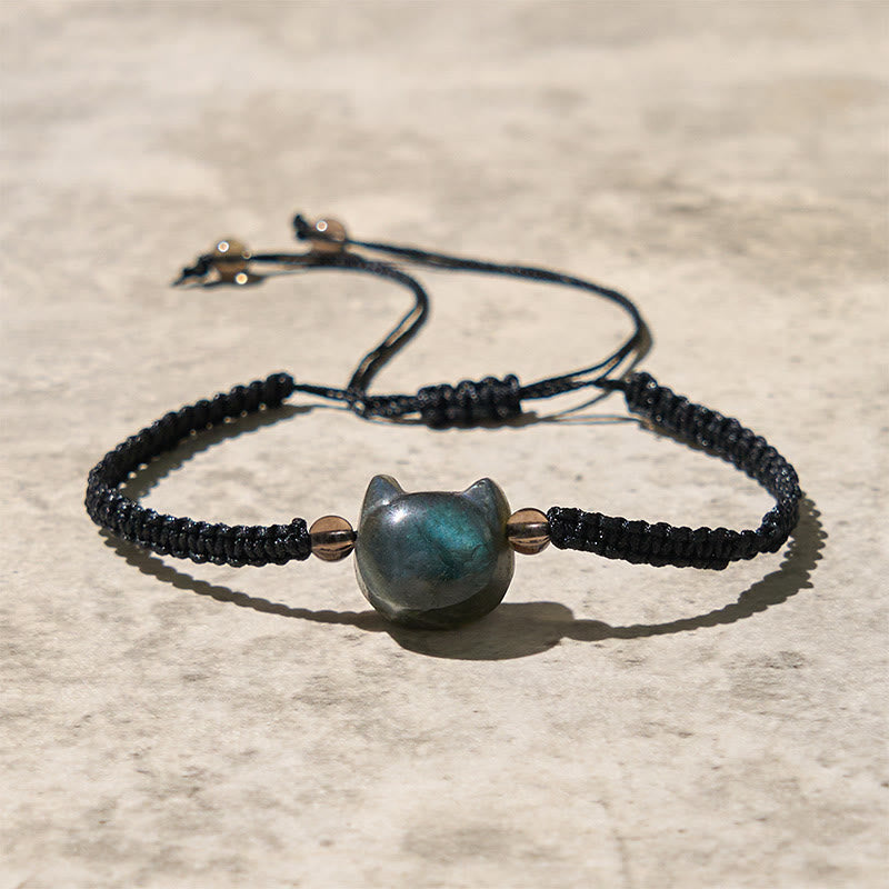 Bracelet de guérison en corde noire avec tête de chat mignon et labradorite naturelle de Buddha Stones - Labradorite (circonférence du poignet : 15-21 cm) - image 0