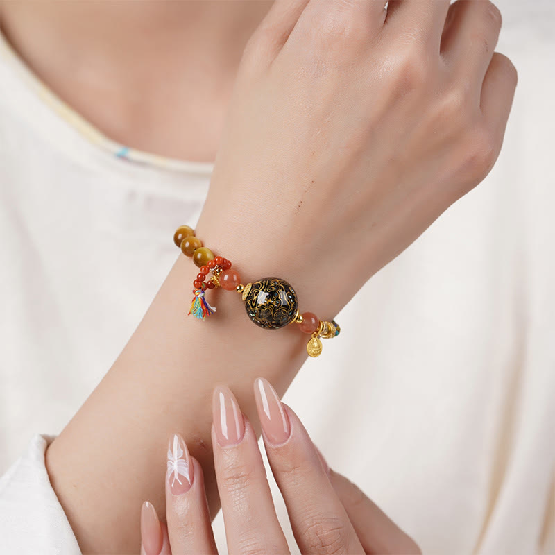 Bracelet de protection en pierre œil de tigre tissé à la main avec perles de laque tibétaine et Buddha Stones - image 9