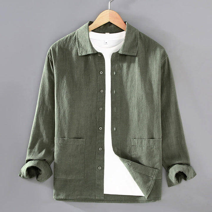 Chemise à manches longues et boutons en coton ramie pour homme, couleur unie, motif Buddha Stones, avec poches - Vert olive foncé - US/UK/AU42,EU52 (3XL) - image 10