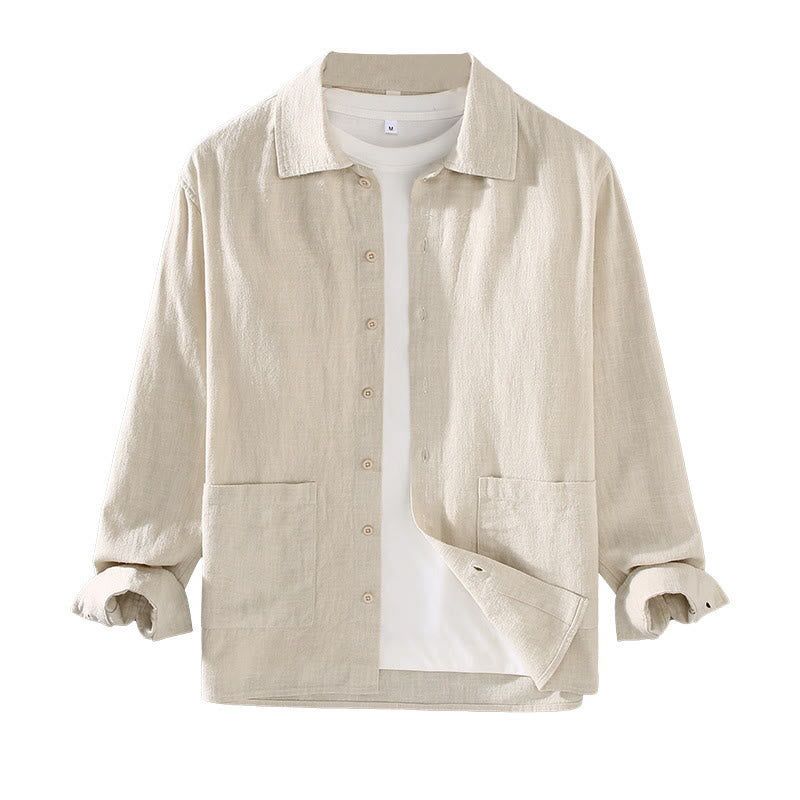 Chemise à manches longues et boutons en coton ramie pour homme, couleur unie, motif Buddha Stones, avec poches - image 6