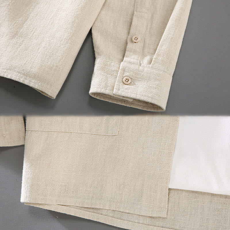 Chemise à manches longues et boutons en coton ramie pour homme, couleur unie, motif Buddha Stones, avec poches - image 5