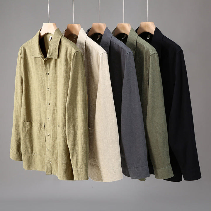 Chemise à manches longues et boutons en coton ramie pour homme, couleur unie, motif Buddha Stones, avec poches - image 11