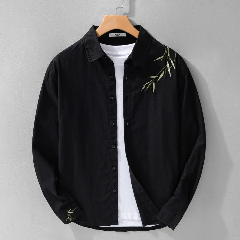 Chemise à manches longues en coton et lin pour homme, motif Buddha Stones brodées - Noir - US/UK/AU42,EU52 (3XL) - image 0