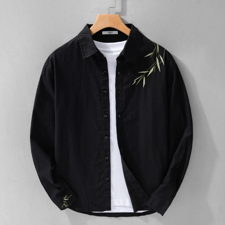 Chemise à manches longues en coton et lin pour homme, motif Buddha Stones brodées - Noir - US/UK/AU42,EU52 (3XL) - image 0