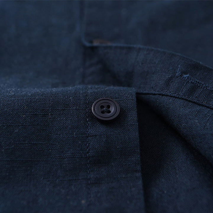 Chemise à manches longues en coton et lin pour homme, couleur unie, col montant, style printemps, Buddha Stones - image 2