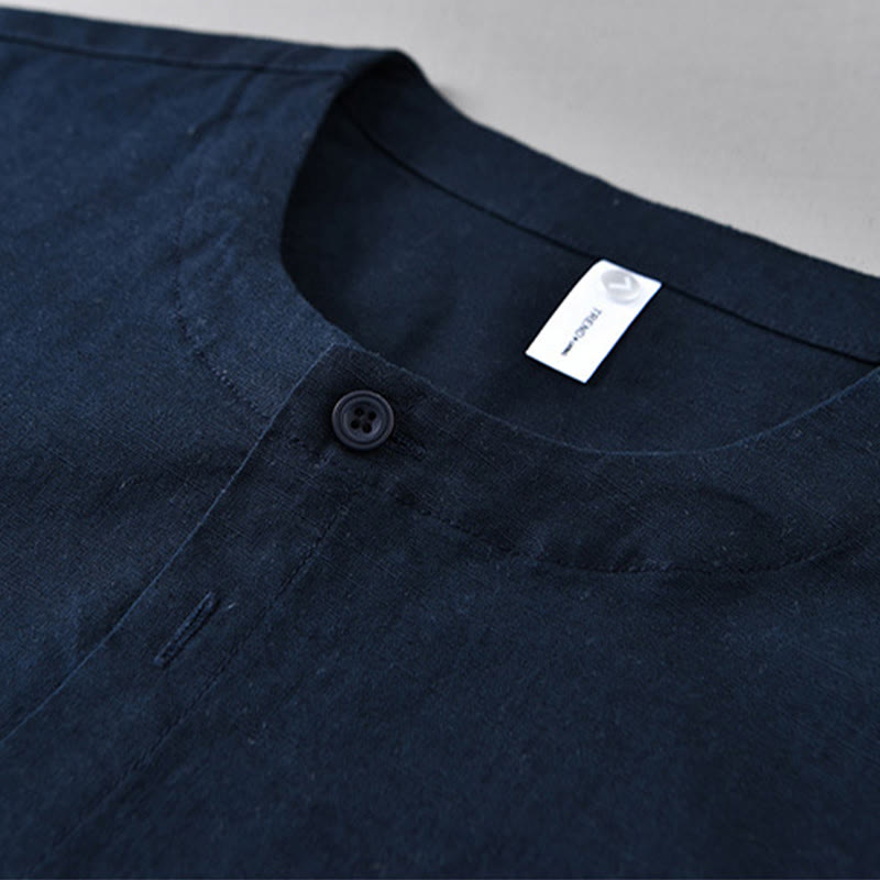 Chemise à manches longues en coton et lin pour homme, couleur unie, col montant, style printemps, Buddha Stones - image 1