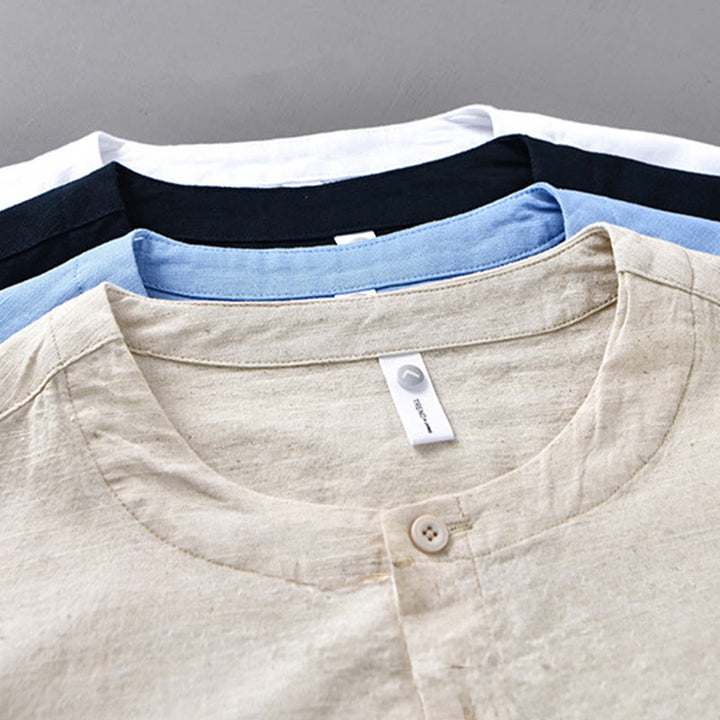 Chemise à manches longues en coton et lin pour homme, couleur unie, col montant, style printemps, Buddha Stones - image 21