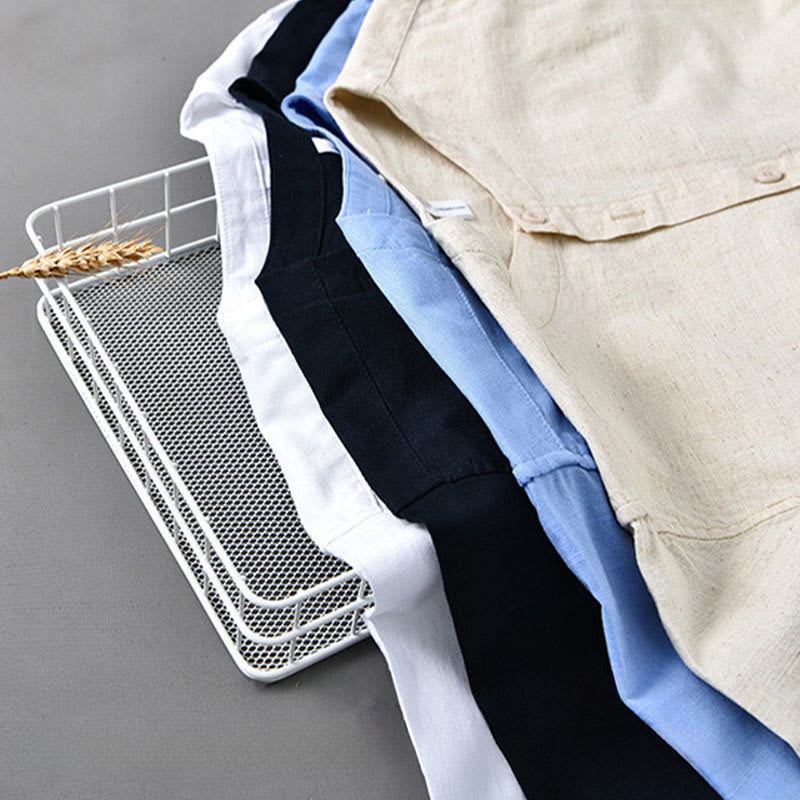 Chemise à manches longues en coton et lin pour homme, couleur unie, col montant, style printemps, Buddha Stones - image 22