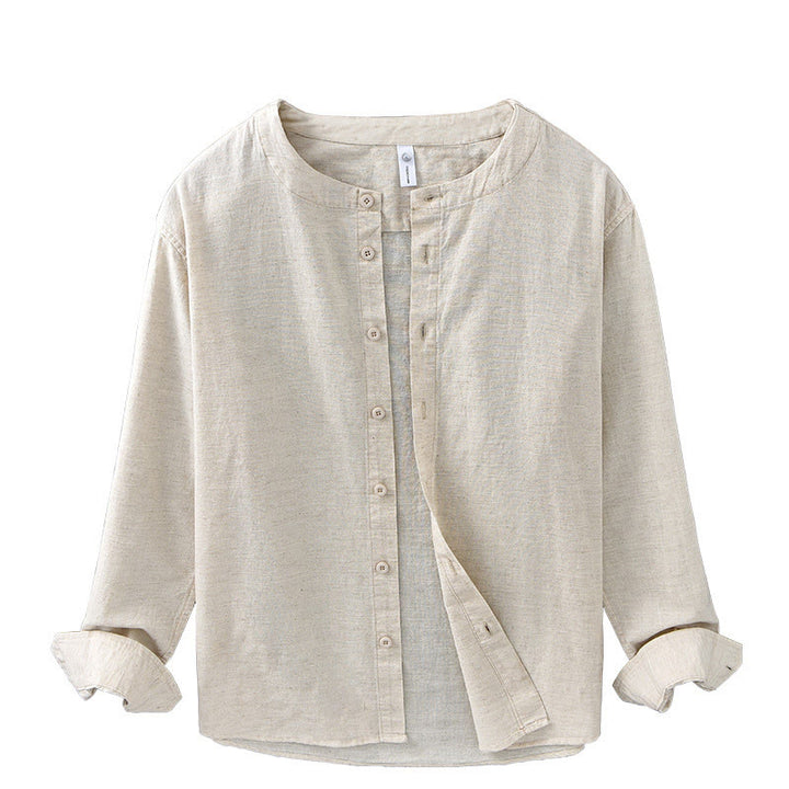 Chemise à manches longues en coton et lin pour homme, couleur unie, col montant, style printemps, Buddha Stones - image 16