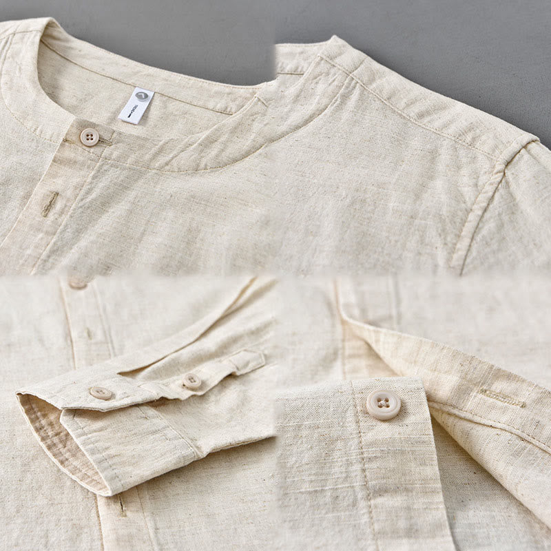 Chemise à manches longues en coton et lin pour homme, couleur unie, col montant, style printemps, Buddha Stones - image 15