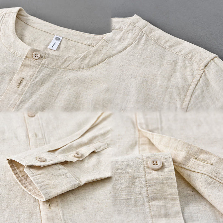 Chemise à manches longues en coton et lin pour homme, couleur unie, col montant, style printemps, Buddha Stones - image 15