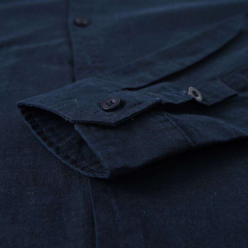 Chemise à manches longues en coton et lin pour homme, couleur unie, col montant, style printemps, Buddha Stones - image 3