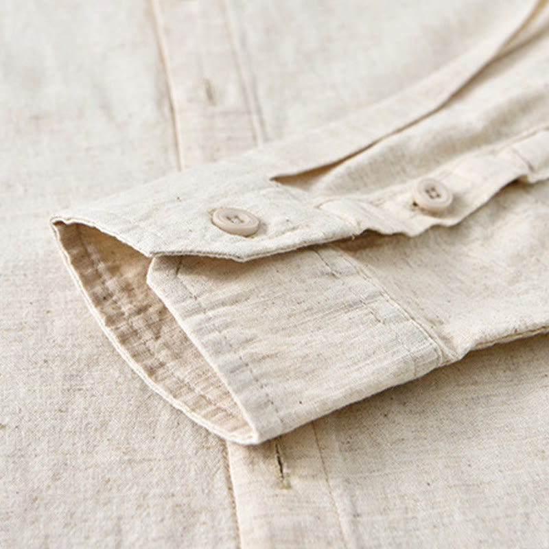 Chemise à manches longues en coton et lin pour homme, couleur unie, col montant, style printemps, Buddha Stones - image 11