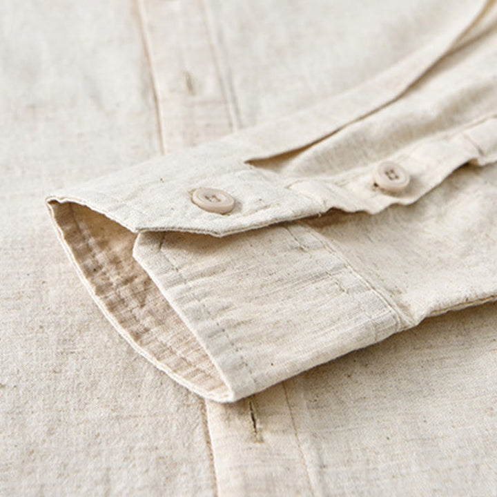 Chemise à manches longues en coton et lin pour homme, couleur unie, col montant, style printemps, Buddha Stones - image 11